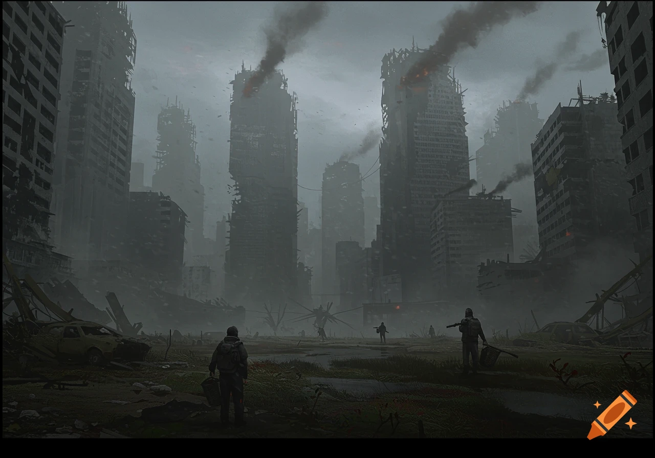 Soldiers stand amidst the ruins of a city in a dark, post-apocalyptic scene.