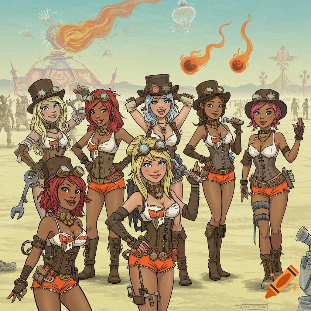 Cartoon illustration of a group of women in steampunk outfits at a desert festival.