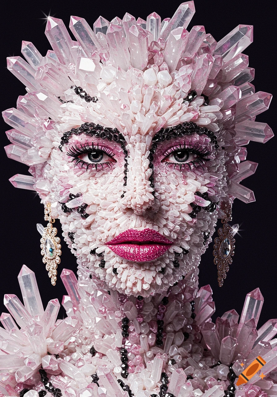 A woman's face and shoulders are covered in pink and clear crystals with black stones and large dangling crystal earrings.