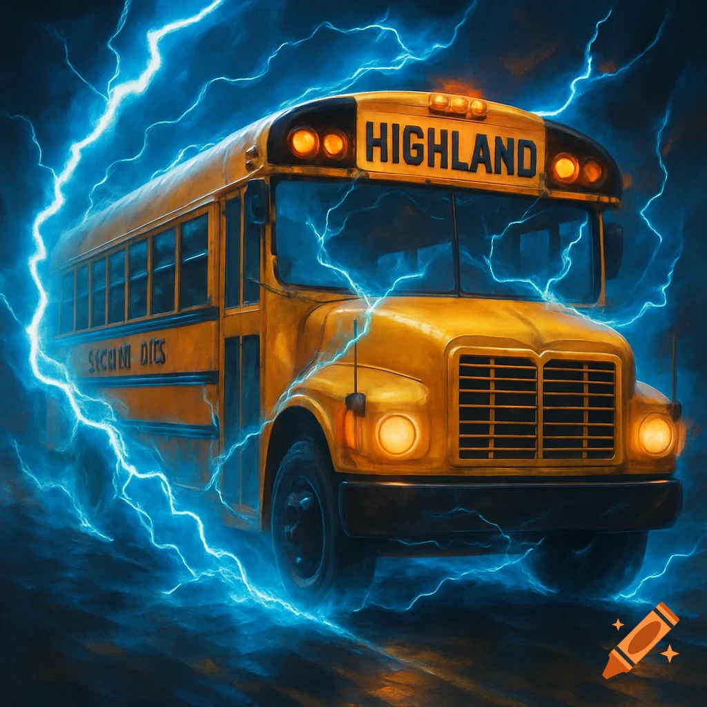 A yellow school bus is surrounded by bright blue lightning as it drives on a dark road.