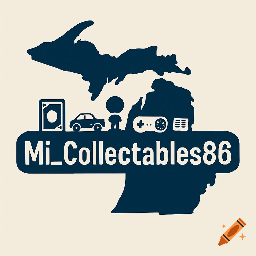 Logo with Michigan outline, icons of collectibles, and 'Mi_Collectables86' text.
