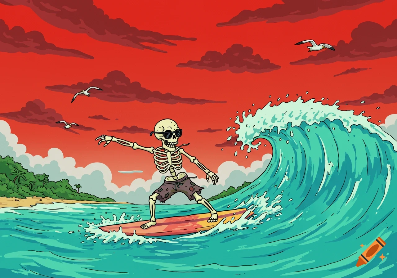 Cartoon skeleton surfing on a wave at a beach under a red sky