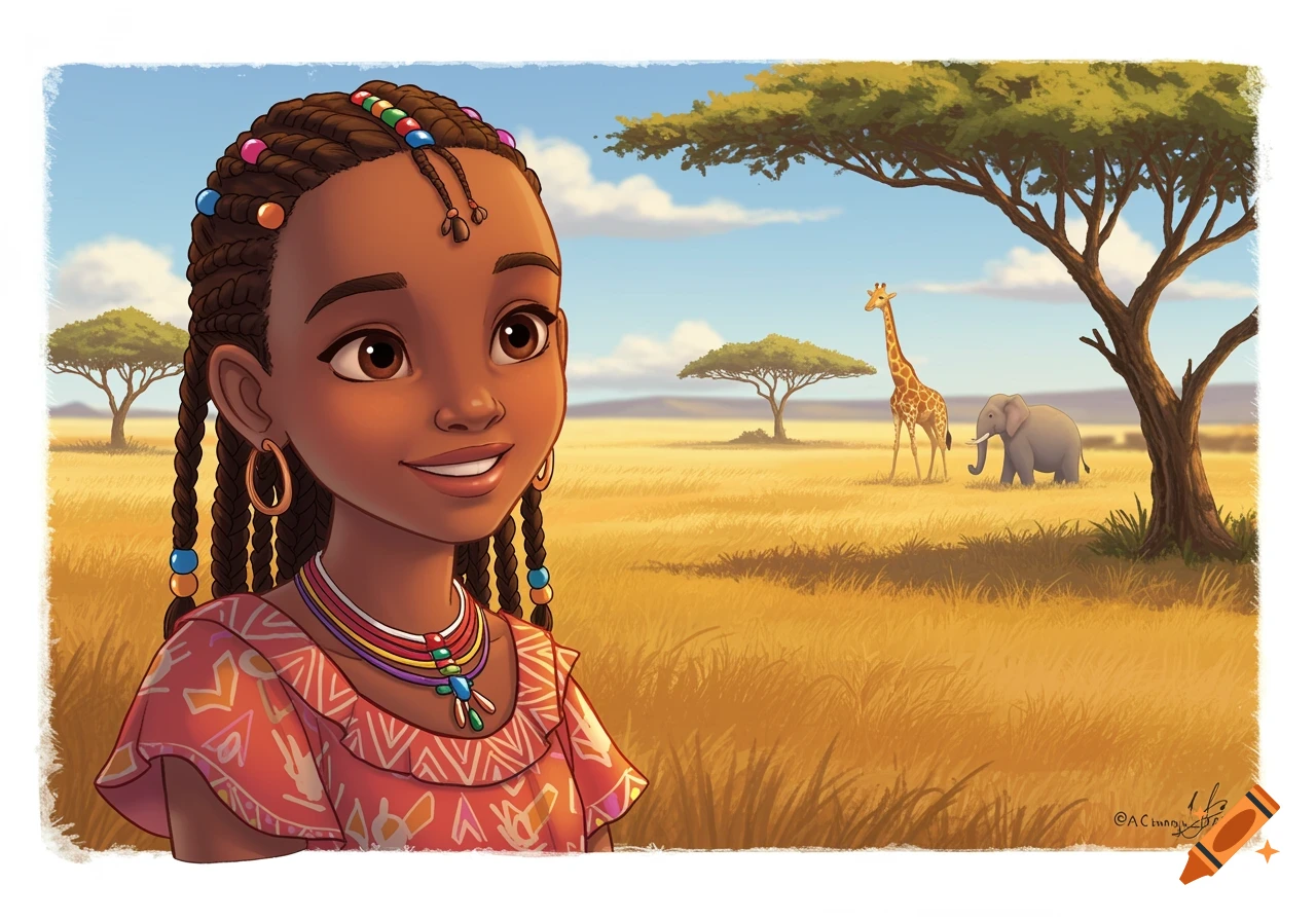 Cartoon of a smiling young girl in traditional clothing in an African savanna with a giraffe and elephant.
