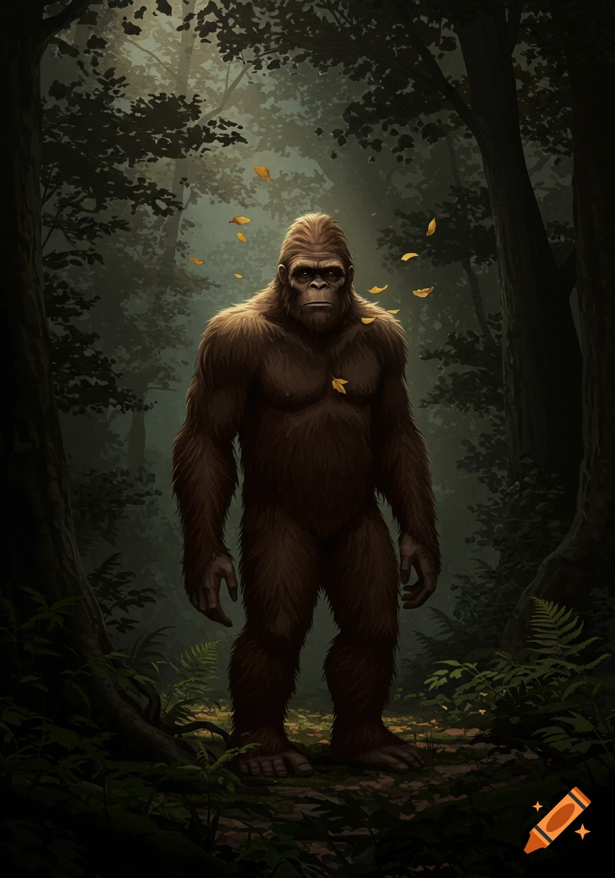 An illustration of a Bigfoot creature standing in a dimly lit forest with yellow leaves falling.