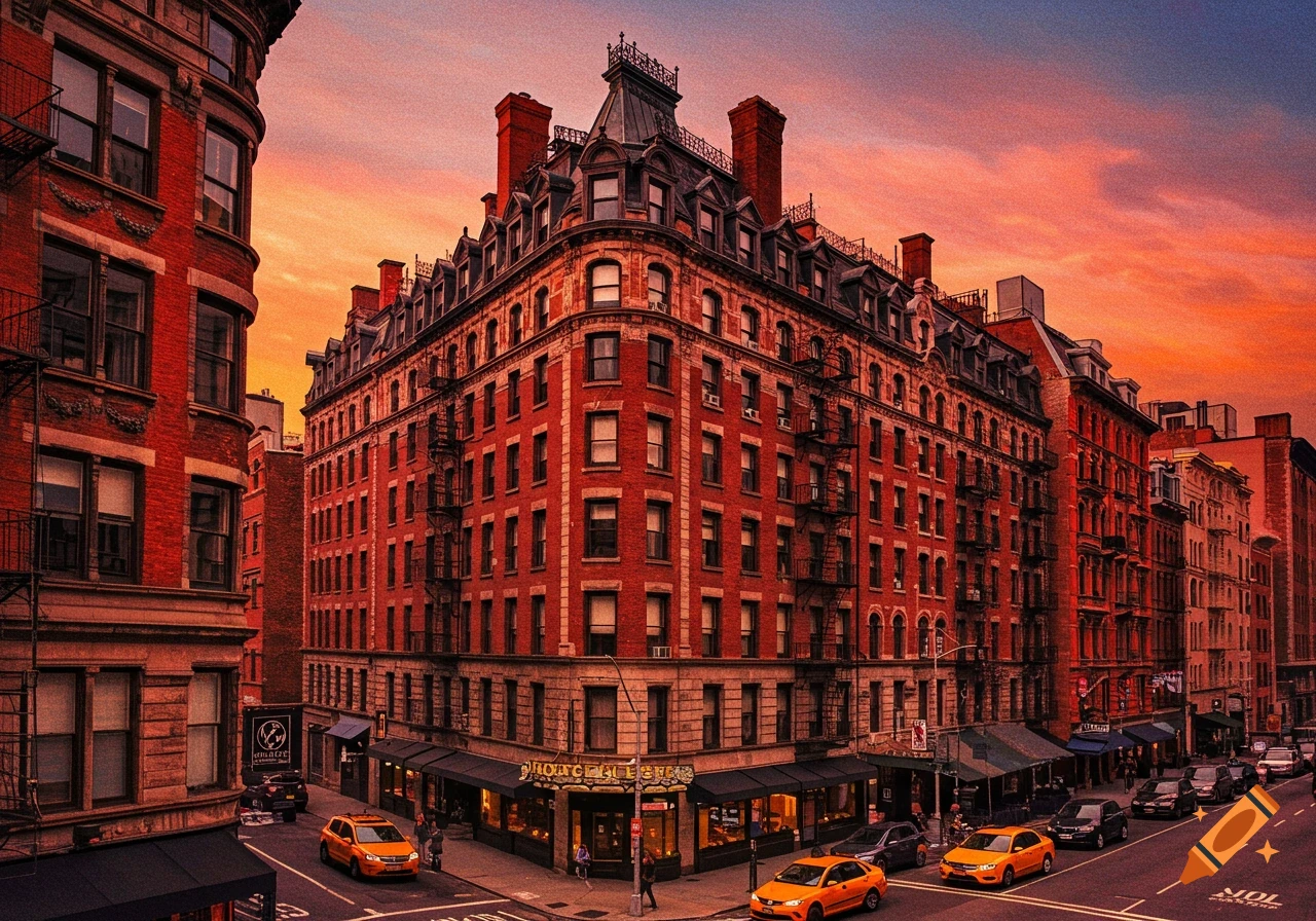 A red brick building on a city corner with taxis on the street under a vibrant sunset sky.