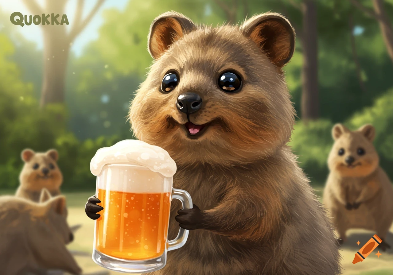 A cute quokka holds a mug of beer in a forest with other quokkas in the background.