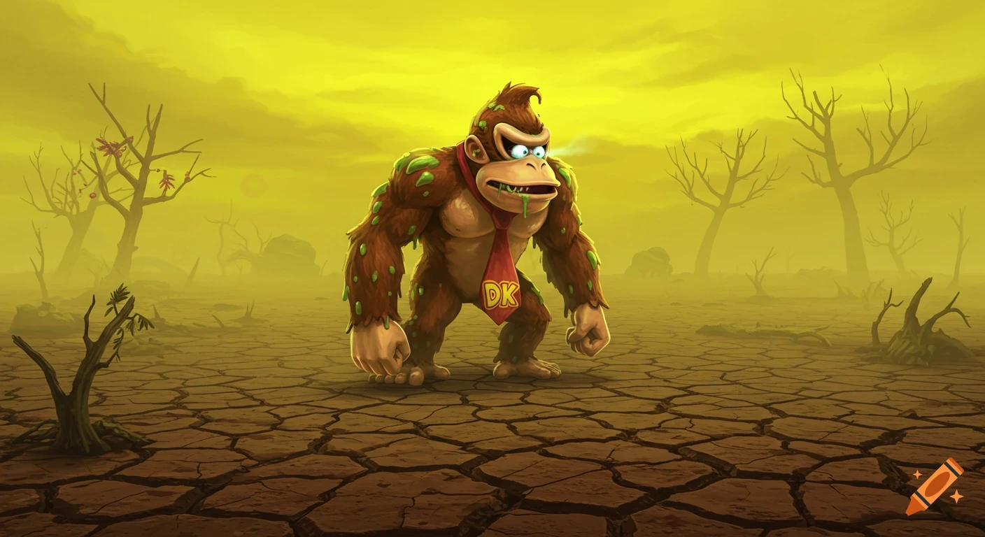 Donkey Kong looks slimy in a desolate wasteland.