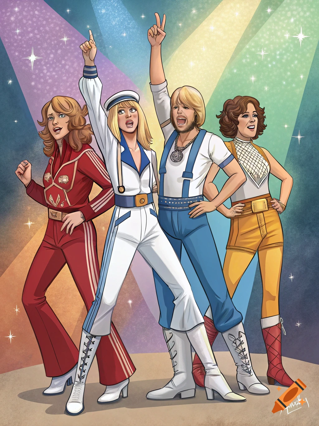 Illustration of four people in retro disco outfits posing under spotlights.