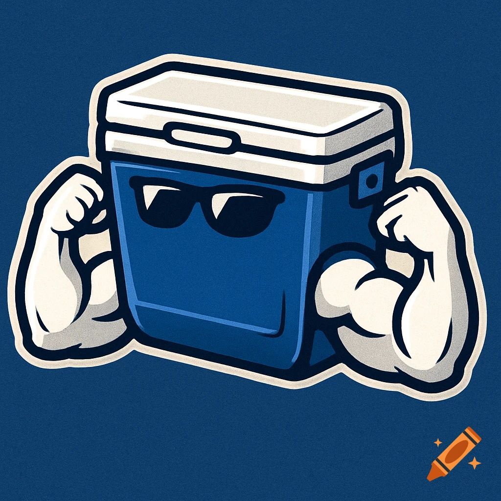 Cartoon cooler character with sunglasses and flexing muscles, sports logo style