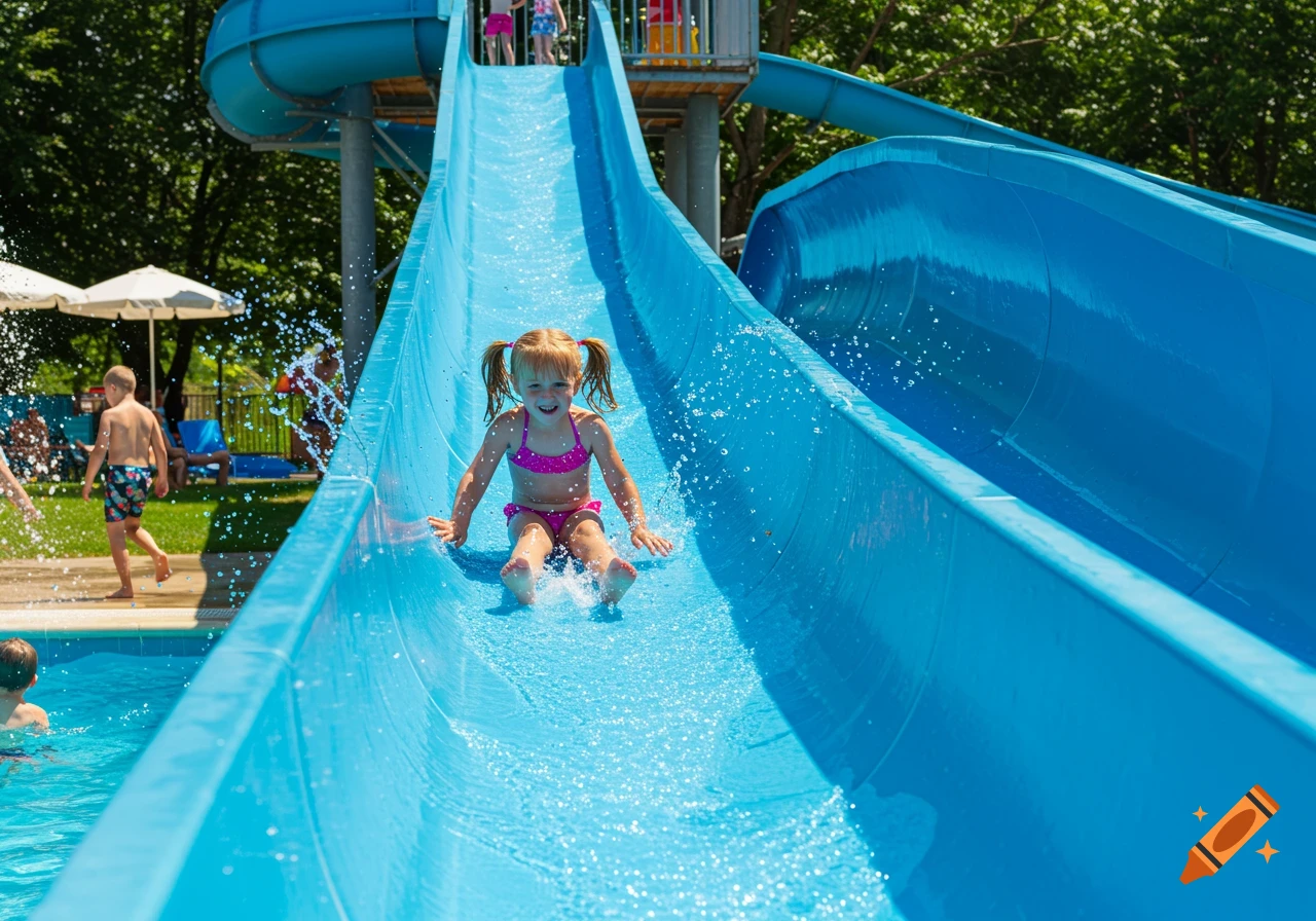 A little girl smiles as she slides down a blue water slide at a sunny water park.
