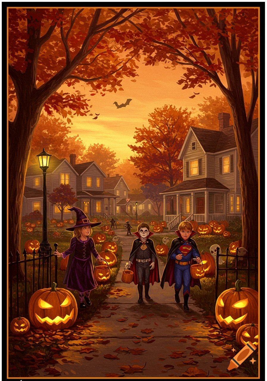 Illustration of children in Halloween costumes trick-or-treating among jack-o'-lanterns in an autumn neighborhood at dusk.