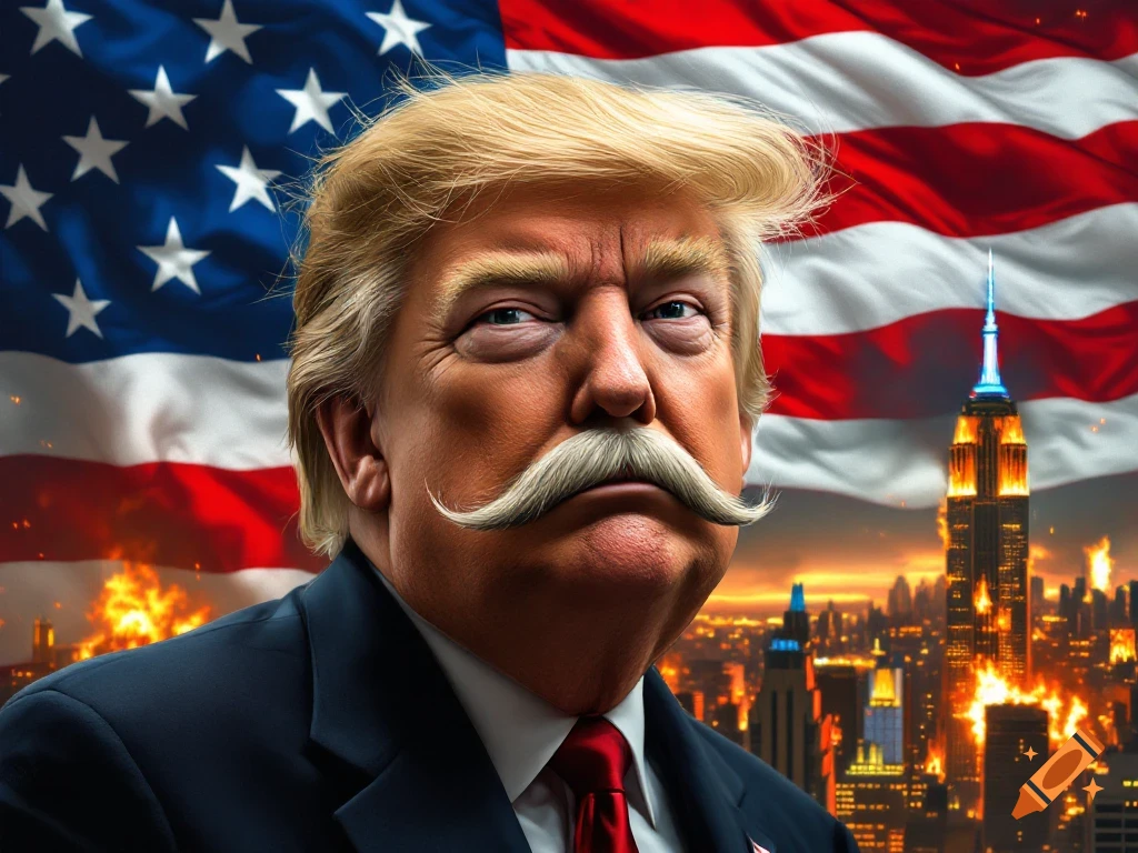 Man resembling Donald Trump with a large mustache stands in front of an American flag and a burning city skyline including the Empire State Building.