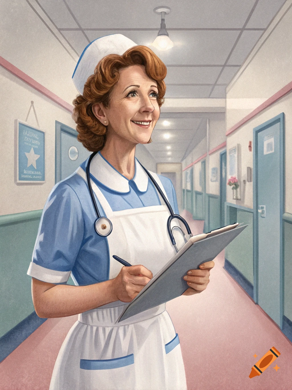 Realistic illustration of a smiling nurse in uniform holding a clipboard in a hospital hallway.