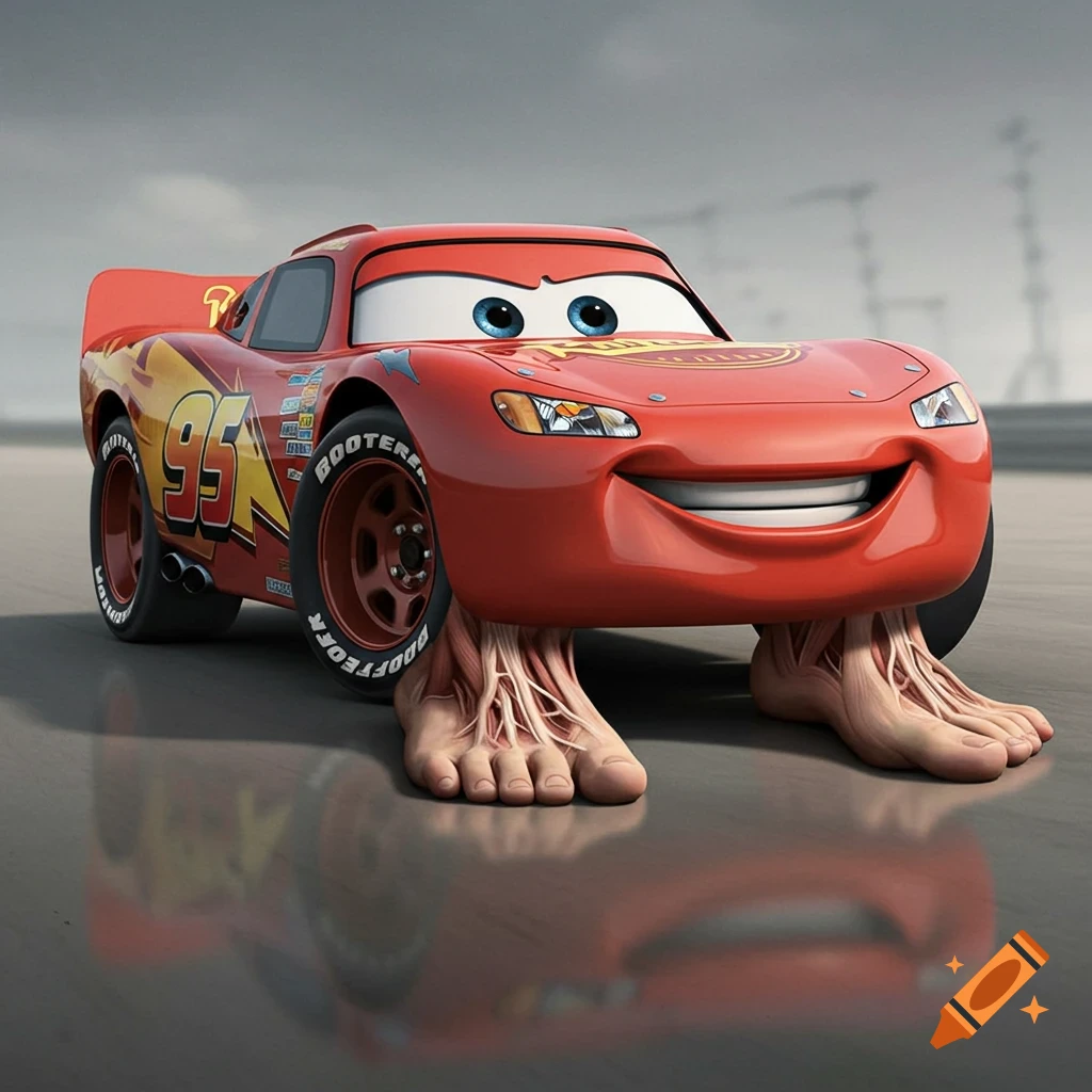 Cartoon character Lightning McQueen standing on realistic human feet.
