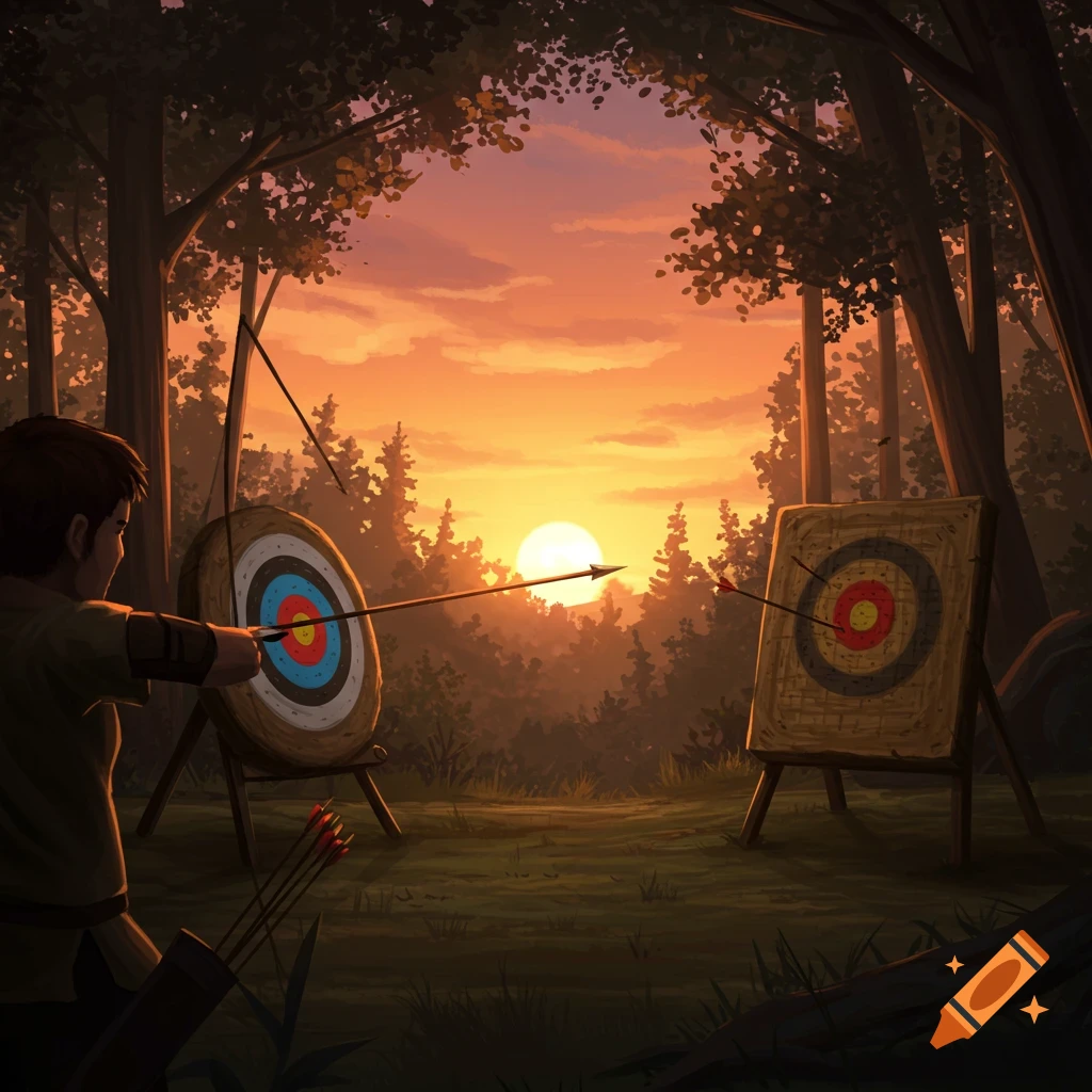 Illustrative style image of a person shooting an arrow at a target in a forest at sunset.