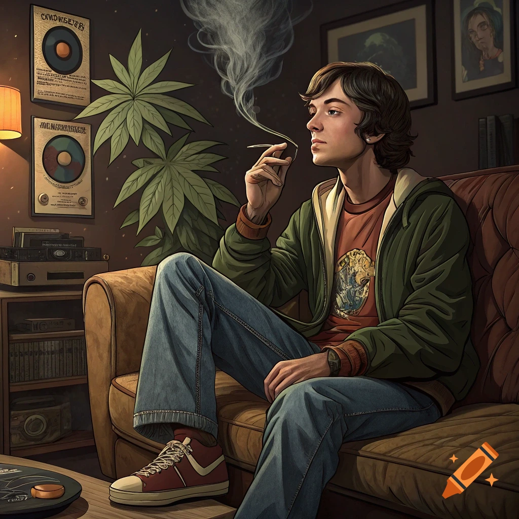 A young man sits on a couch in a 70s-style room, smoking. There are posters and marijuana plants in the background.