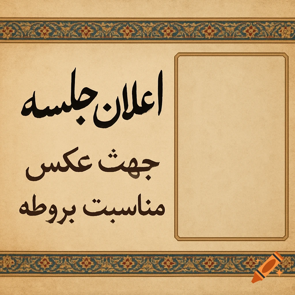 Meeting announcement banner template with Persian text and photo box, decorative borders.