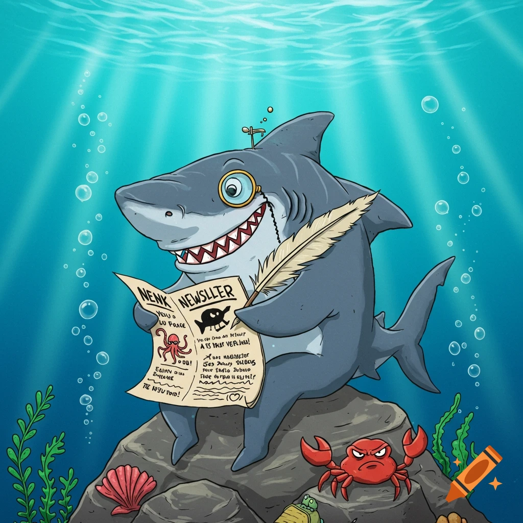 A cartoon shark with a monocle sits on a rock underwater reading a newsletter and holding a quill pen.