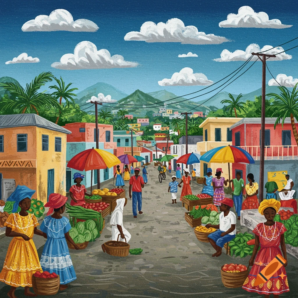 A vibrant market street in a tropical town, with people, colorful buildings, palm trees, and mountains, in a painted style.