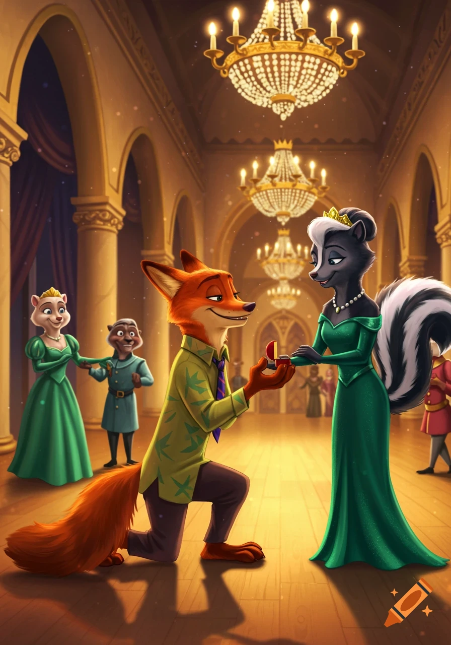 A fox proposes to a skunk in a formal ballroom.