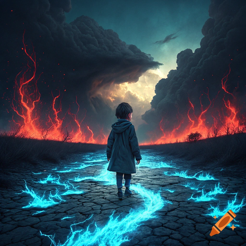 Child stands on cracked ground with blue flames, looking at red flames under dark clouds.