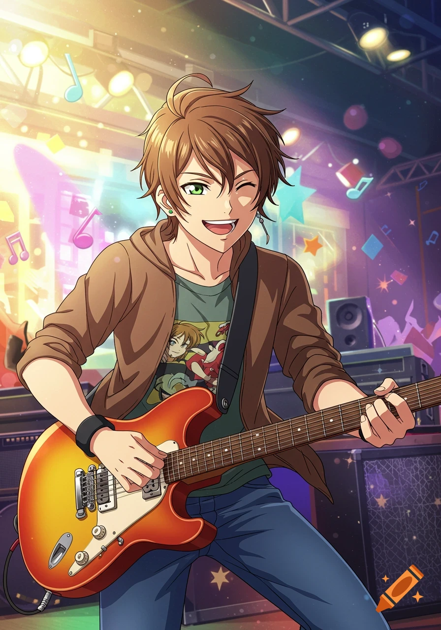Anime boy with brown hair and green eyes playing electric guitar on a brightly lit stage.