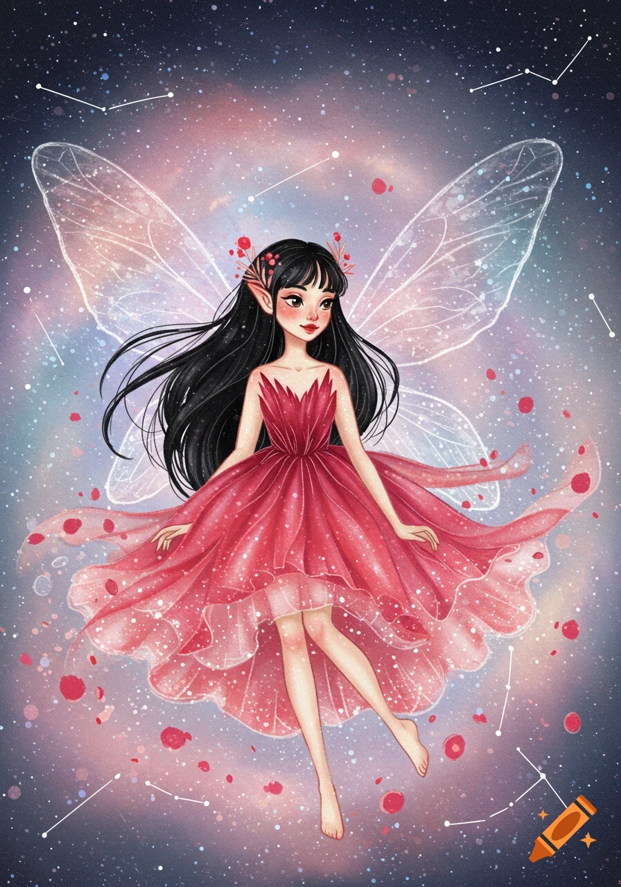 Illustration of a fairy in a red dress floating in a starry galaxy.