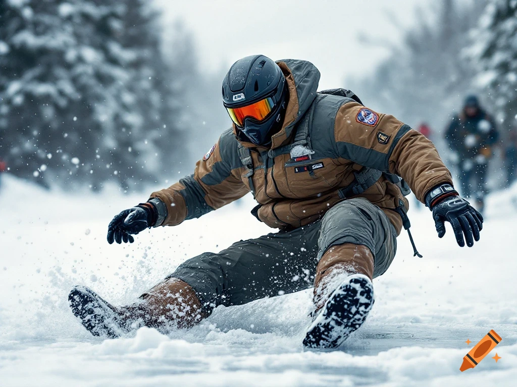 A person wearing winter gear, goggles, and a helmet slips and slides on snow and ice, kicking up slush.