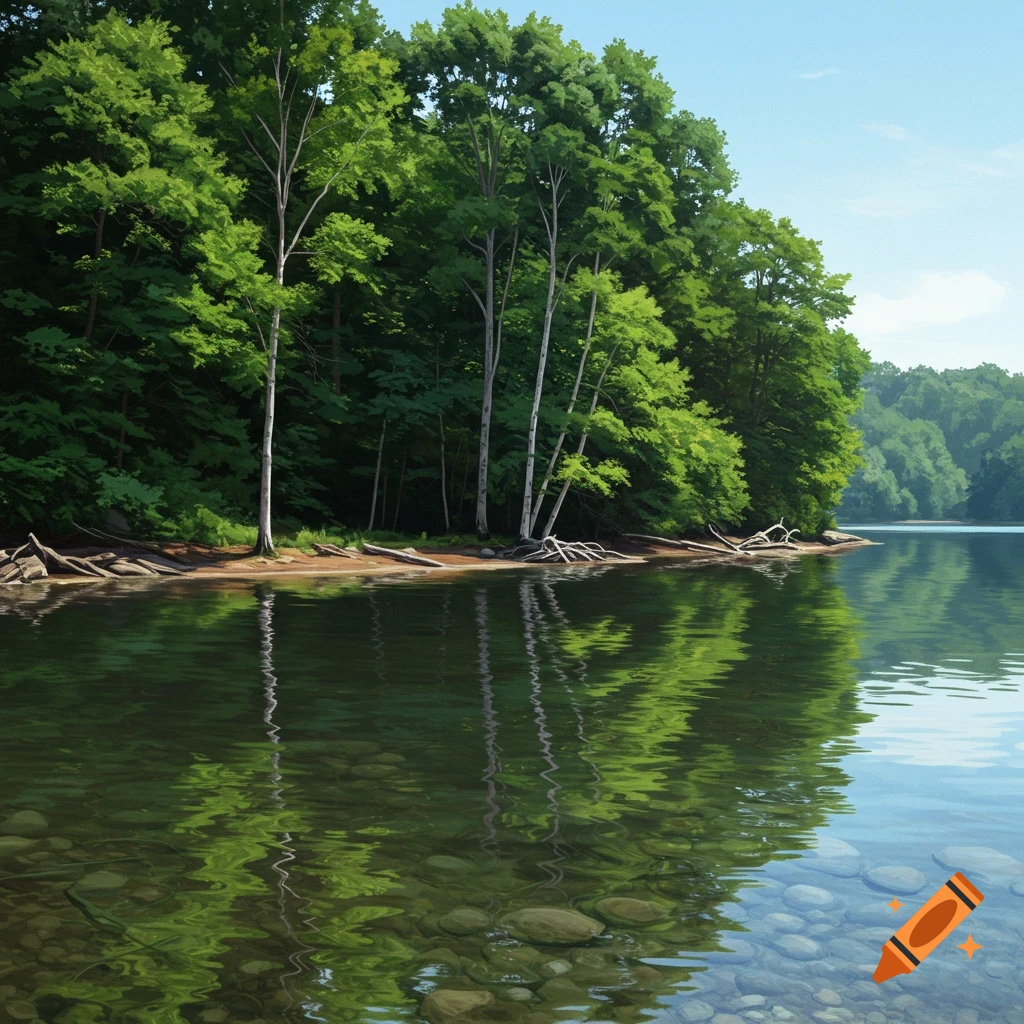 A calm lake shore with lush green trees reflected in the water, revealing rocks on the lakebed near the shore.