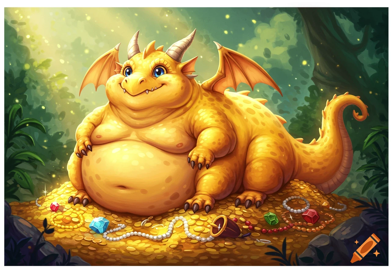 A cute fat yellow cartoon dragon sits smiling on a large pile of gold coins and jewels in a forest.