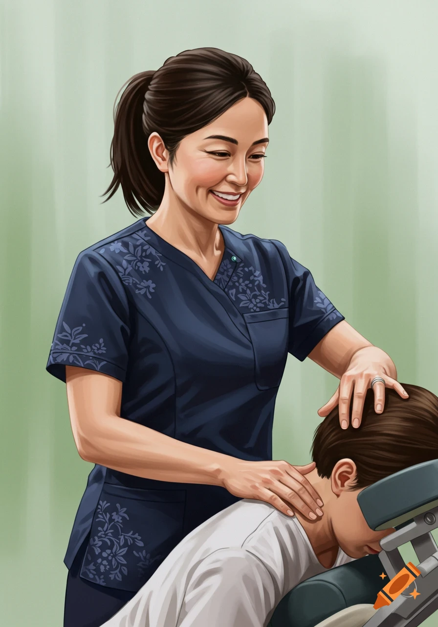 Digital illustration of a smiling therapist giving a chair massage.