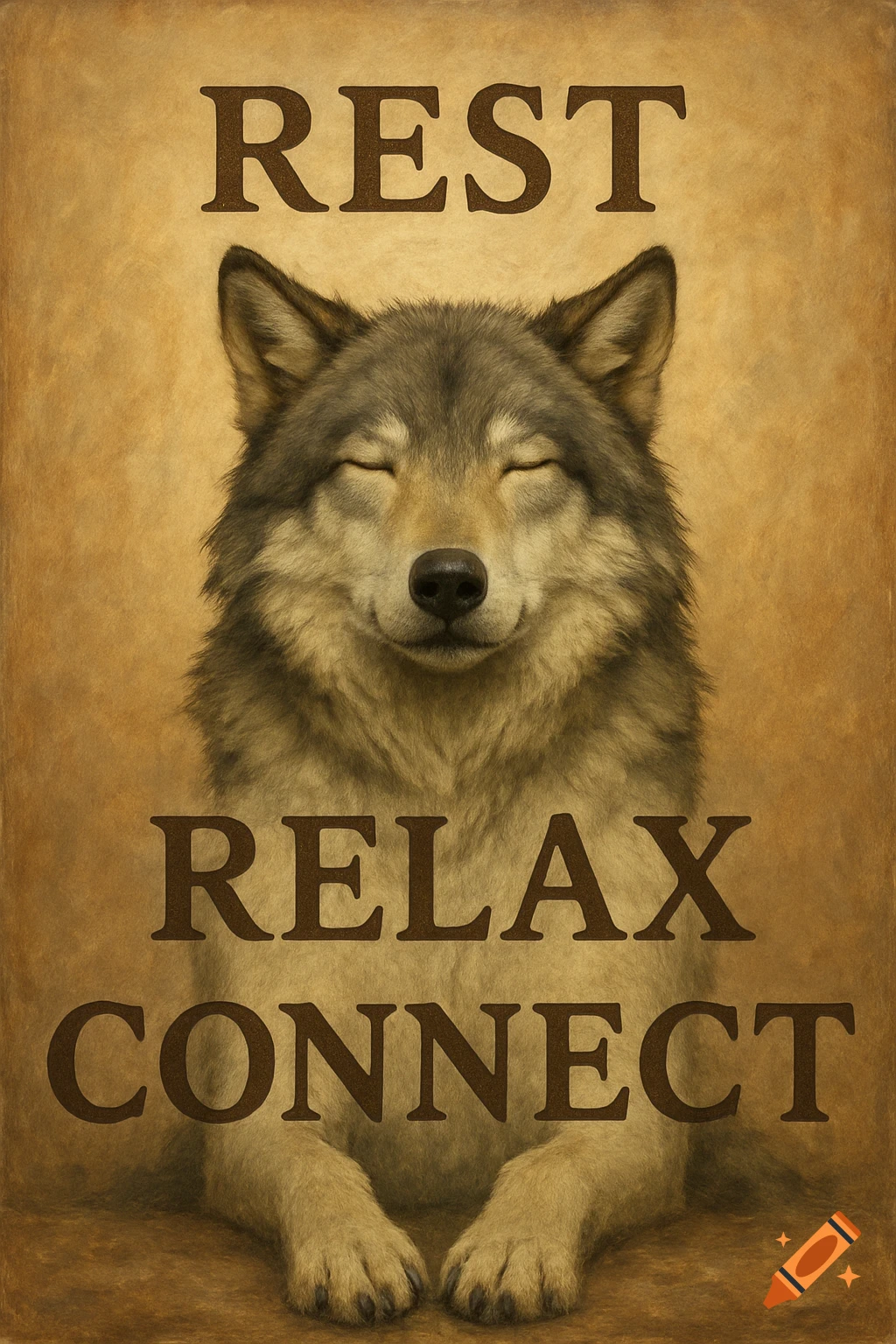 A wolf with closed eyes sits below the words REST, RELAX, CONNECT.