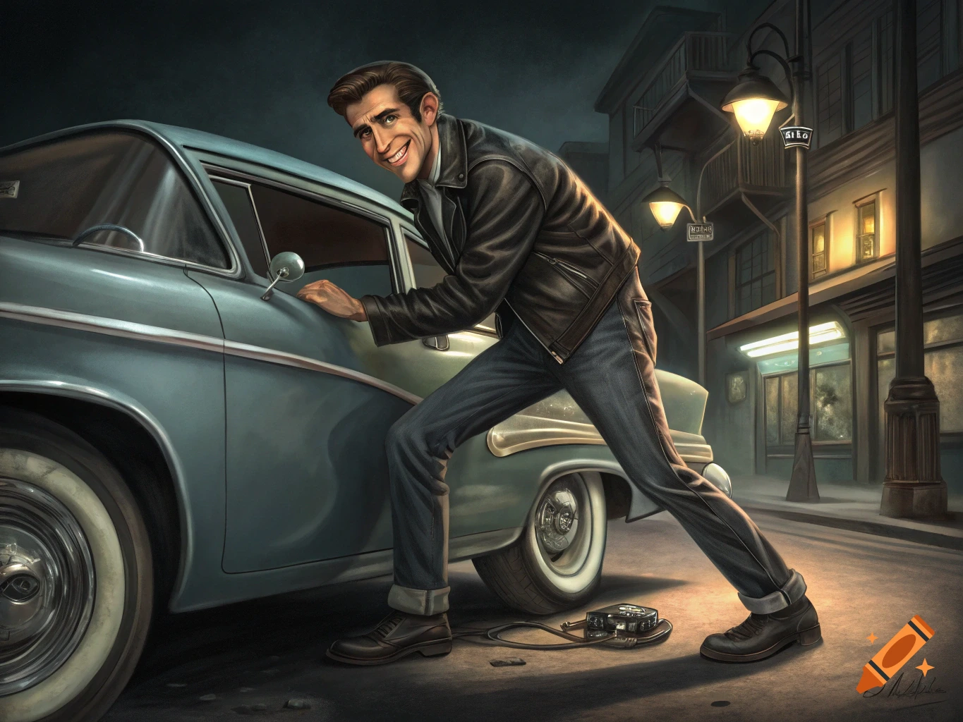 Man in leather jacket and jeans leans on vintage car on a street at night (illustration style)