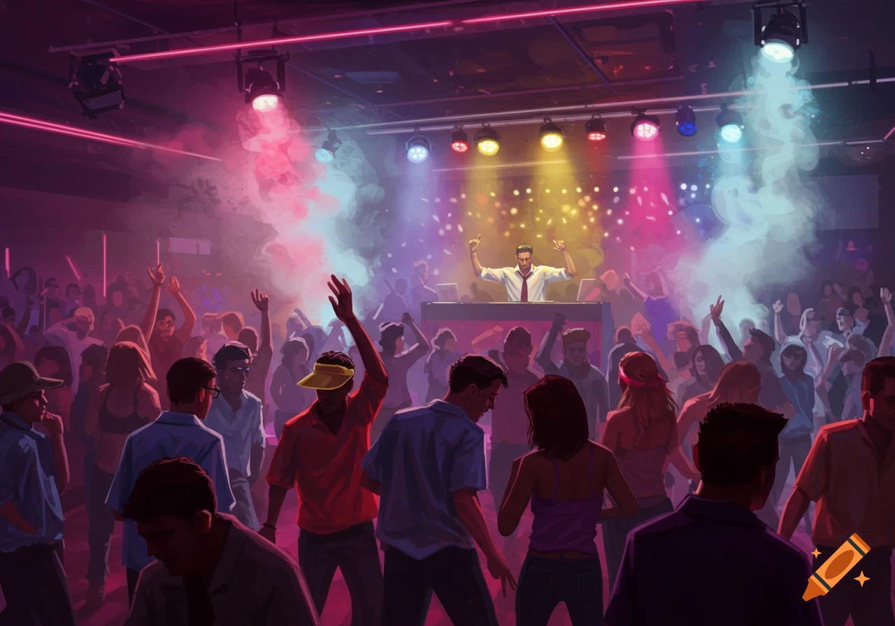 A vibrant illustration of a crowded club scene with people dancing under colourful lights and a DJ on stage.