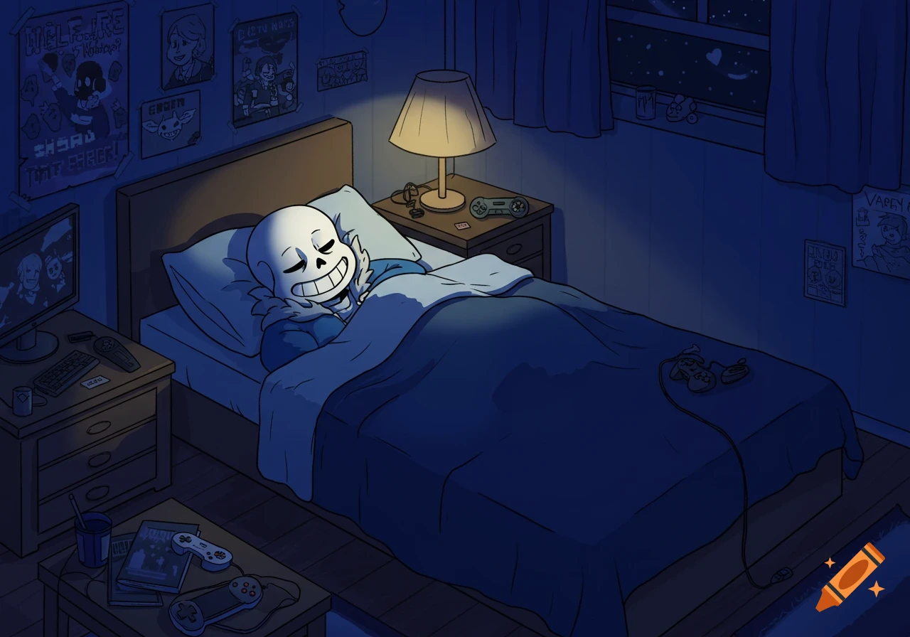 Cartoon illustration of Sans the skeleton from Undertale sleeping peacefully in a dark bedroom.