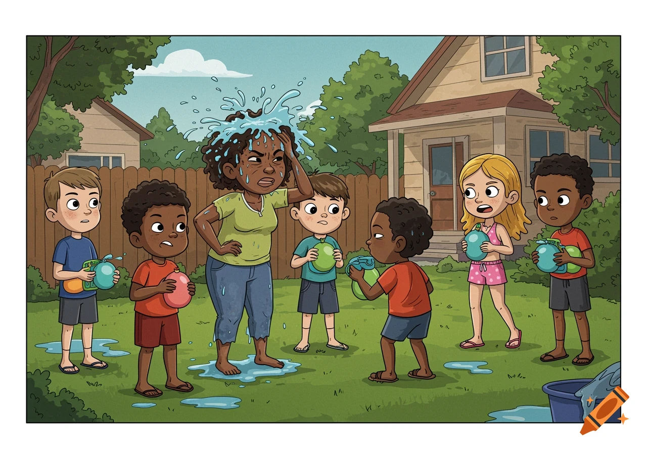 A cartoon illustration of a woman being splashed with water by kids in a backyard.