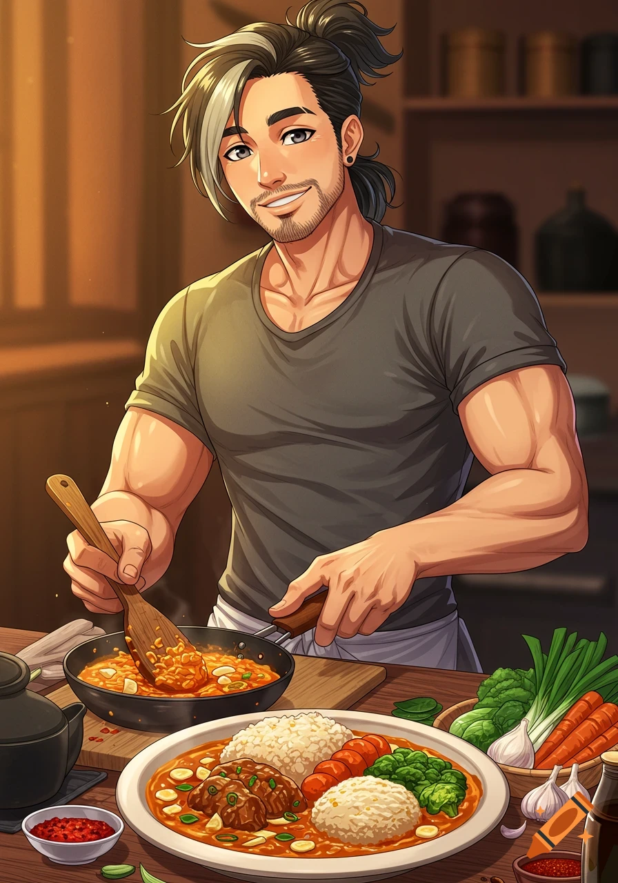 An anime man with a ponytail smiles while cooking kare kare in a kitchen.