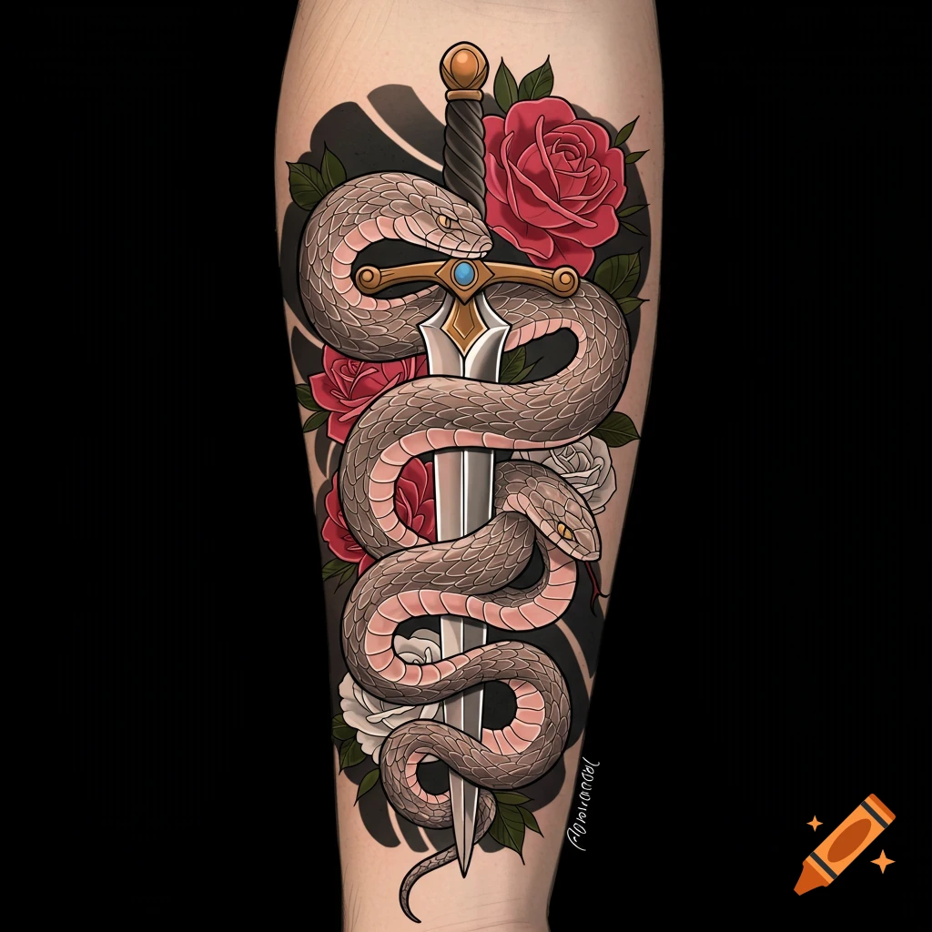 A forearm tattoo of a snake wrapped around a sword with red and white roses
