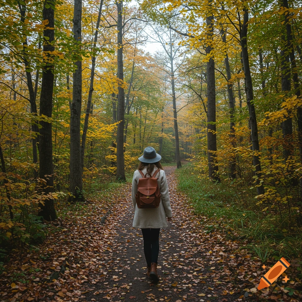A person walks away on a leaf-covered path through an autumn forest.