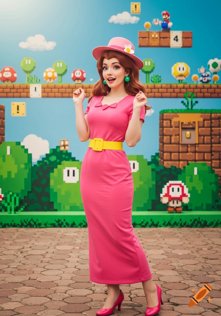 A woman in a pink dress and hat cosplays as Pauline in front of a pixelated Super Mario Bros. background.