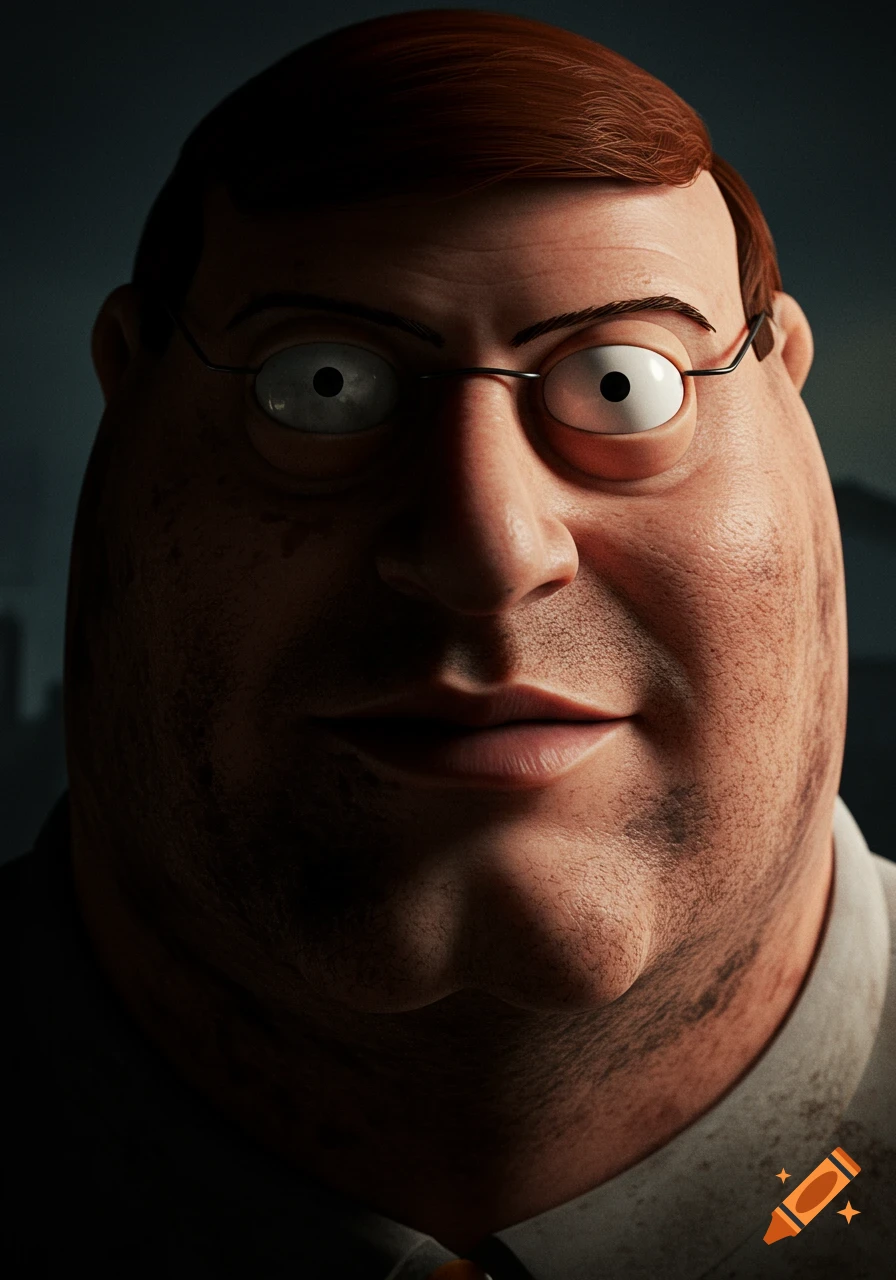 Close-up realistic portrait of Peter Griffin with cartoonish eyes and gritty texture