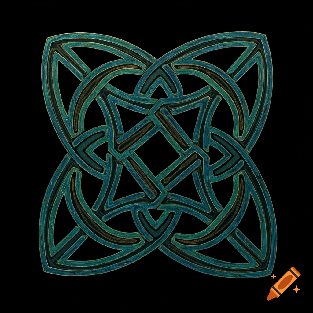 A blue and gold ornate Celtic knot against a black background.