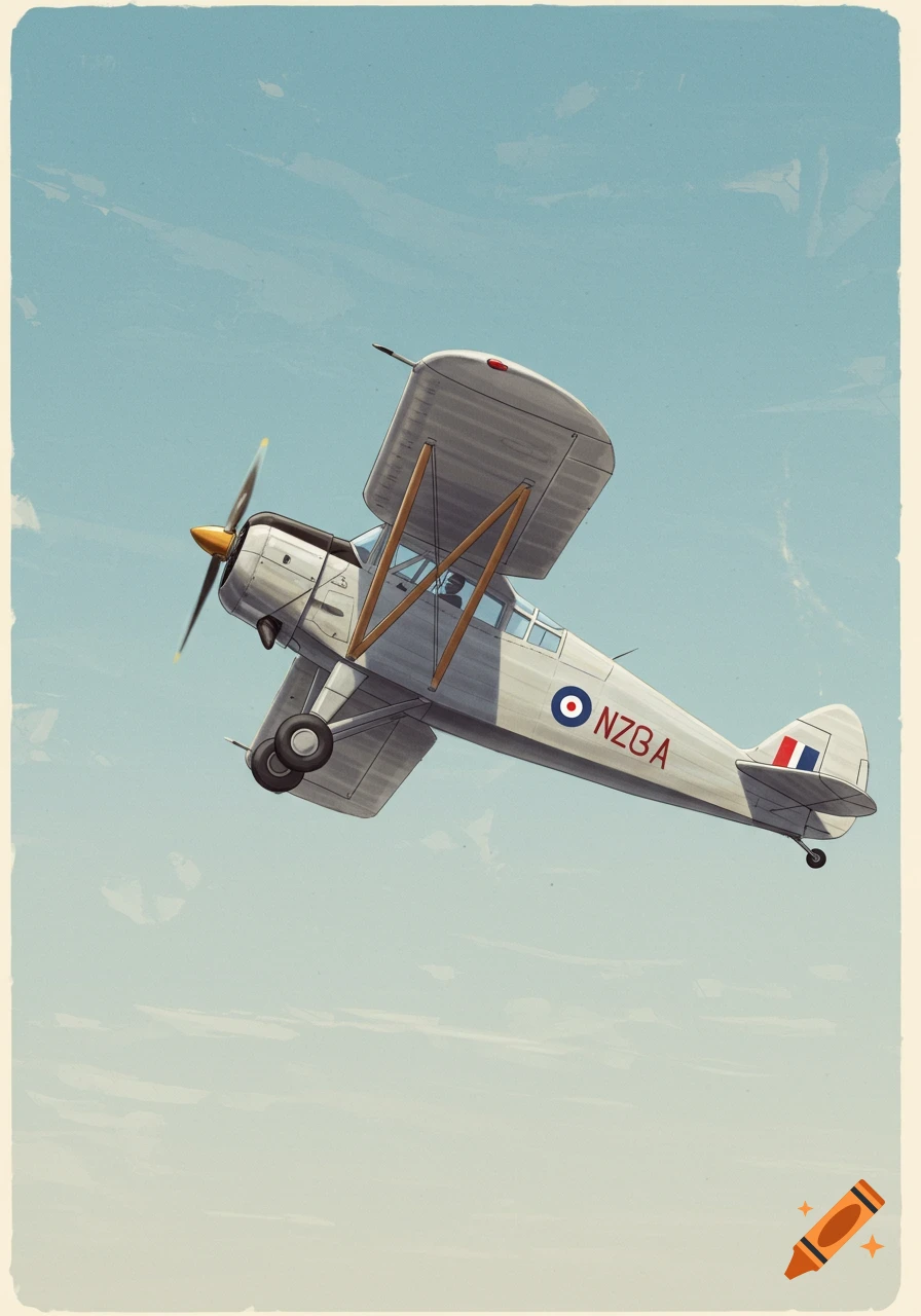 Illustration of a biplane flying against a light blue sky.