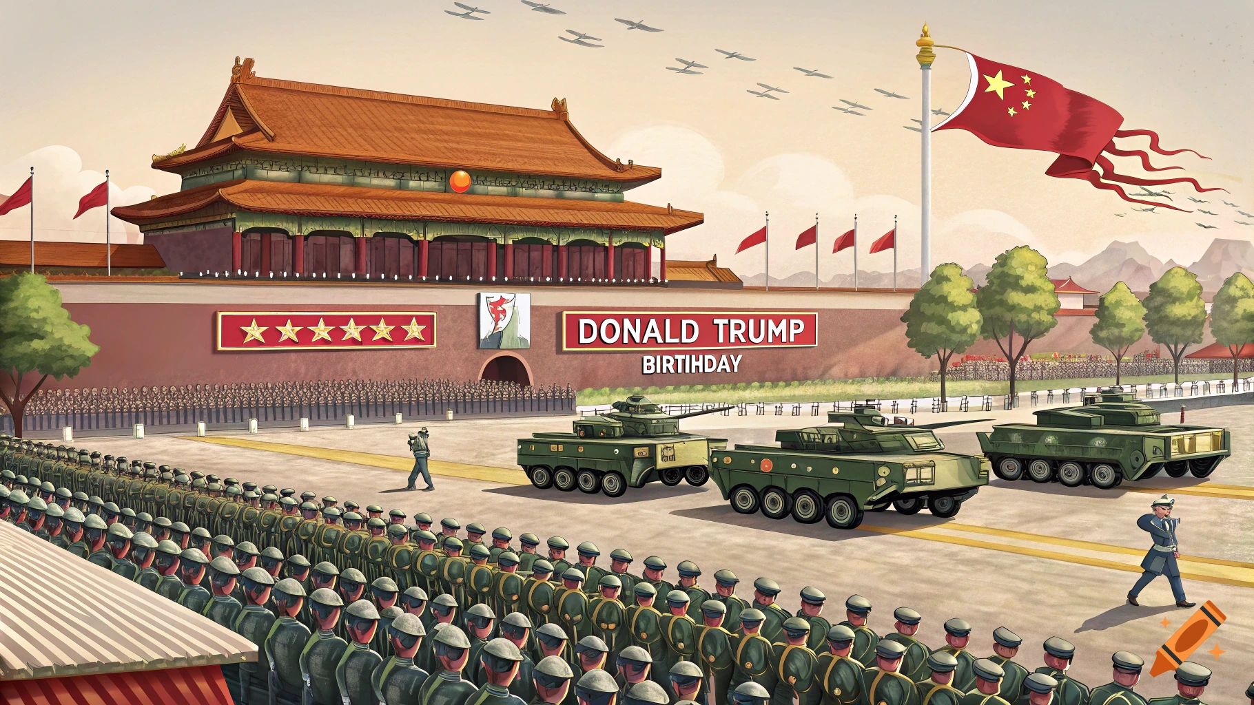 Cartoon of a military parade at Tiananmen Square with tanks, soldiers, Chinese flag, and a banner reading "DONALD TRUMP BIRTHDAY".