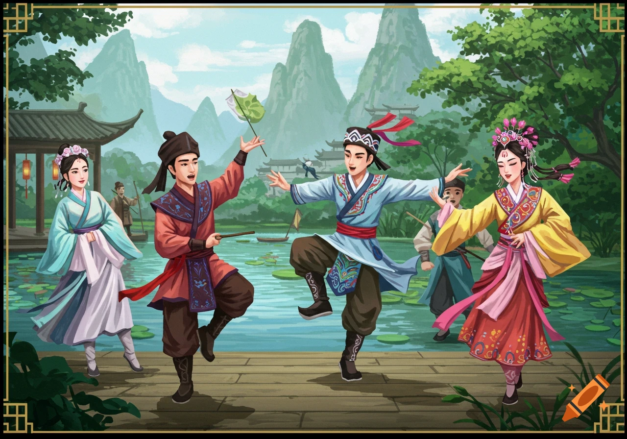 Illustration of people in traditional Chinese clothing dancing by a lake with mountains in the background.