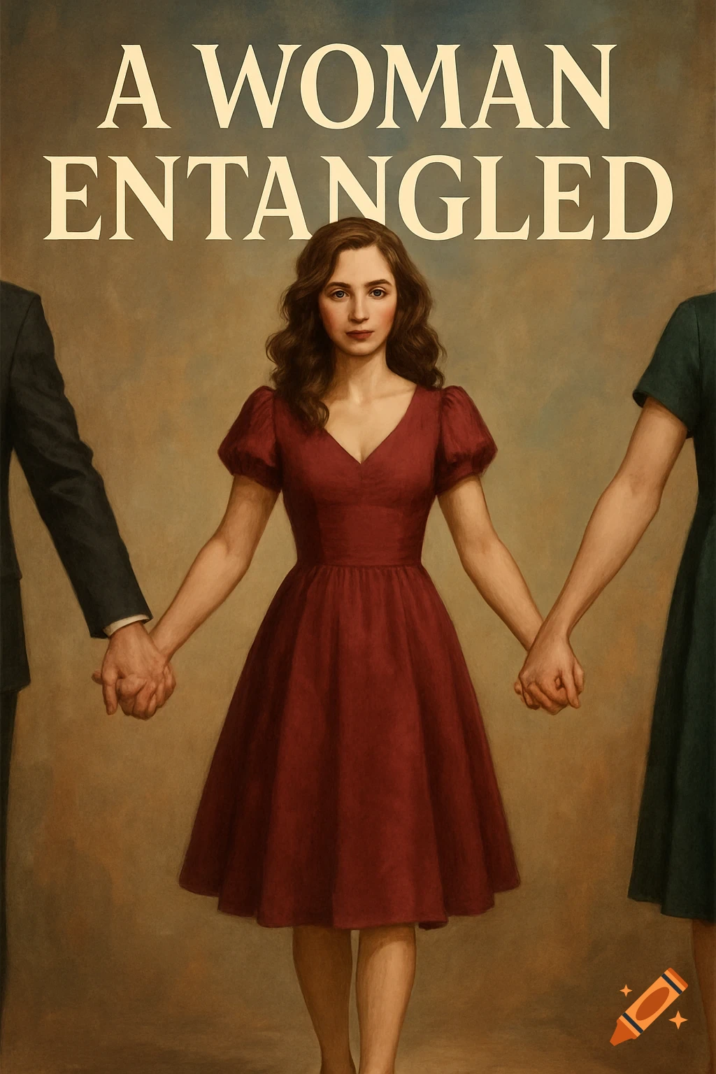 A woman in a red dress stands between a man and a woman, holding their hands. Title reads "A WOMAN ENTANGLED".