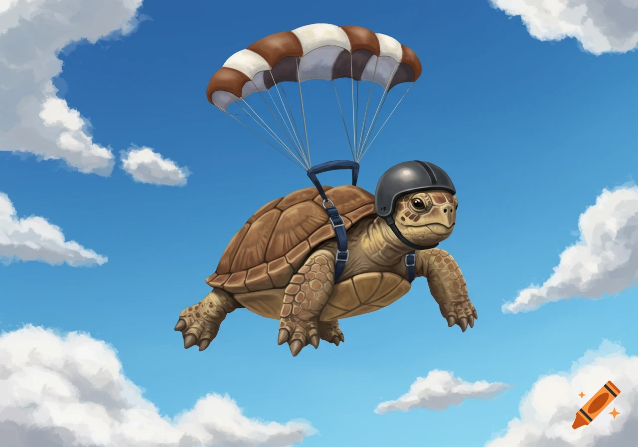 A cartoon turtle skydiving with a parachute