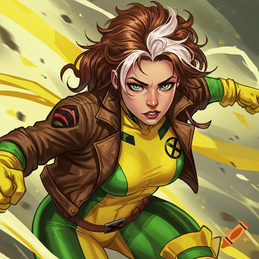 A dynamic illustration of the X-Men character Rogue in her classic green and yellow costume, striking an action pose.