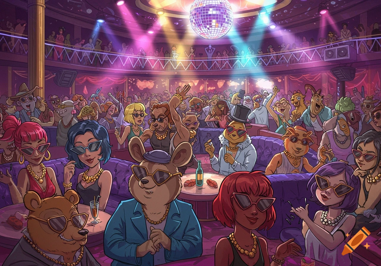 Cartoon party in a luxury nightclub with animal and human characters wearing sunglasses and jewelry