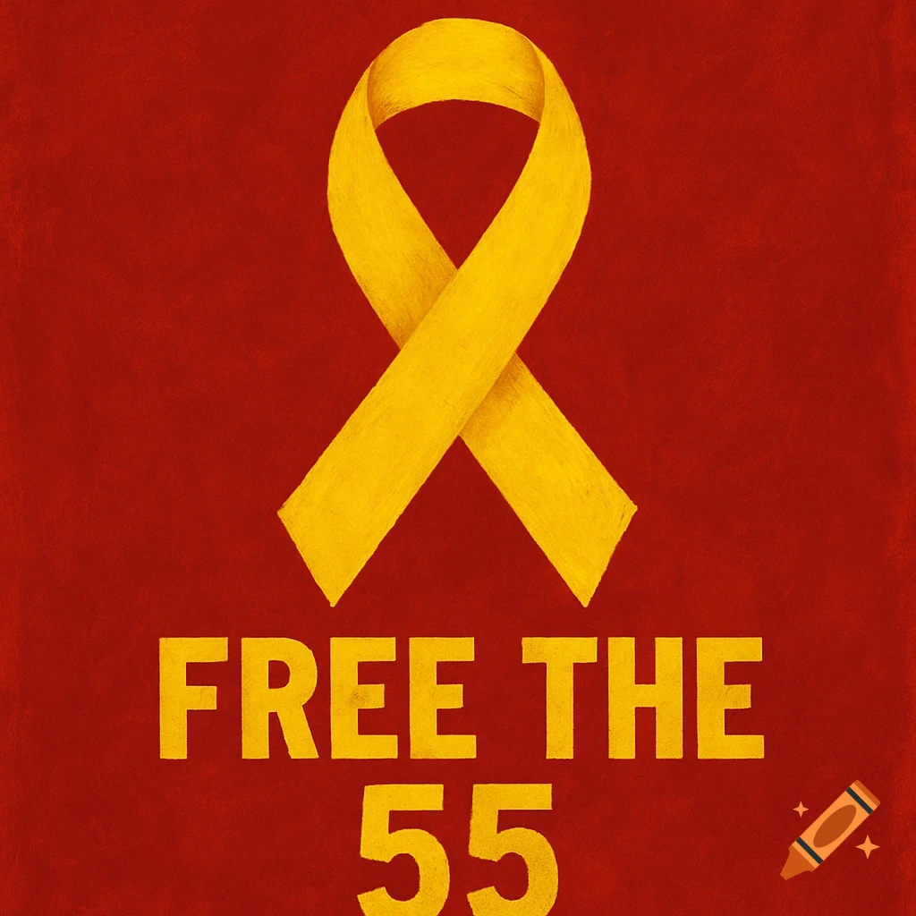 A yellow awareness ribbon on a red background with the text FREE THE 55.